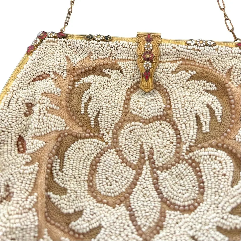 Vintage 1940s 1950s Beaded Evening Purse Gold Frame Chain Floral Bridal Bag